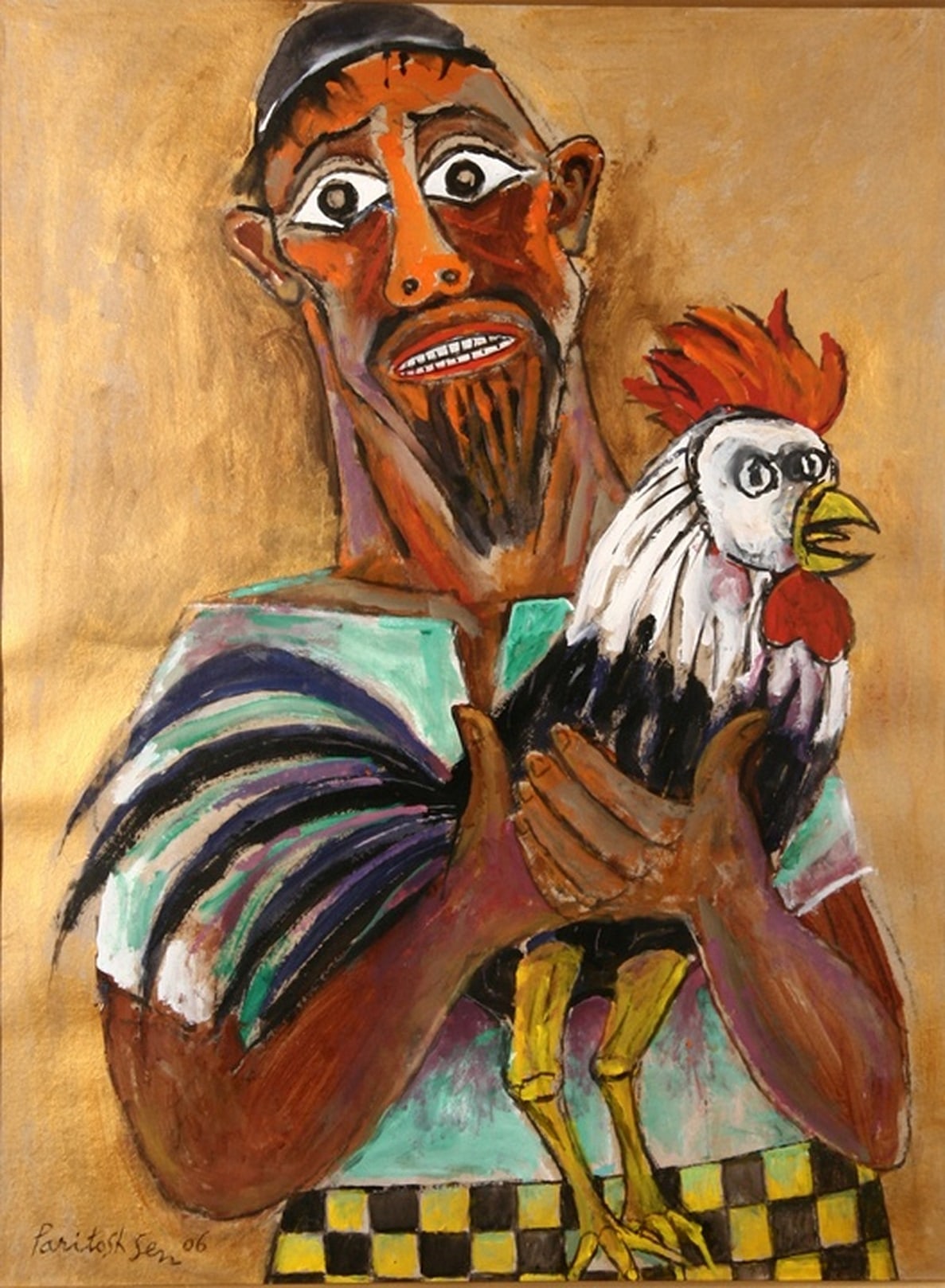 A painting of a man holding a rooster in his hands.