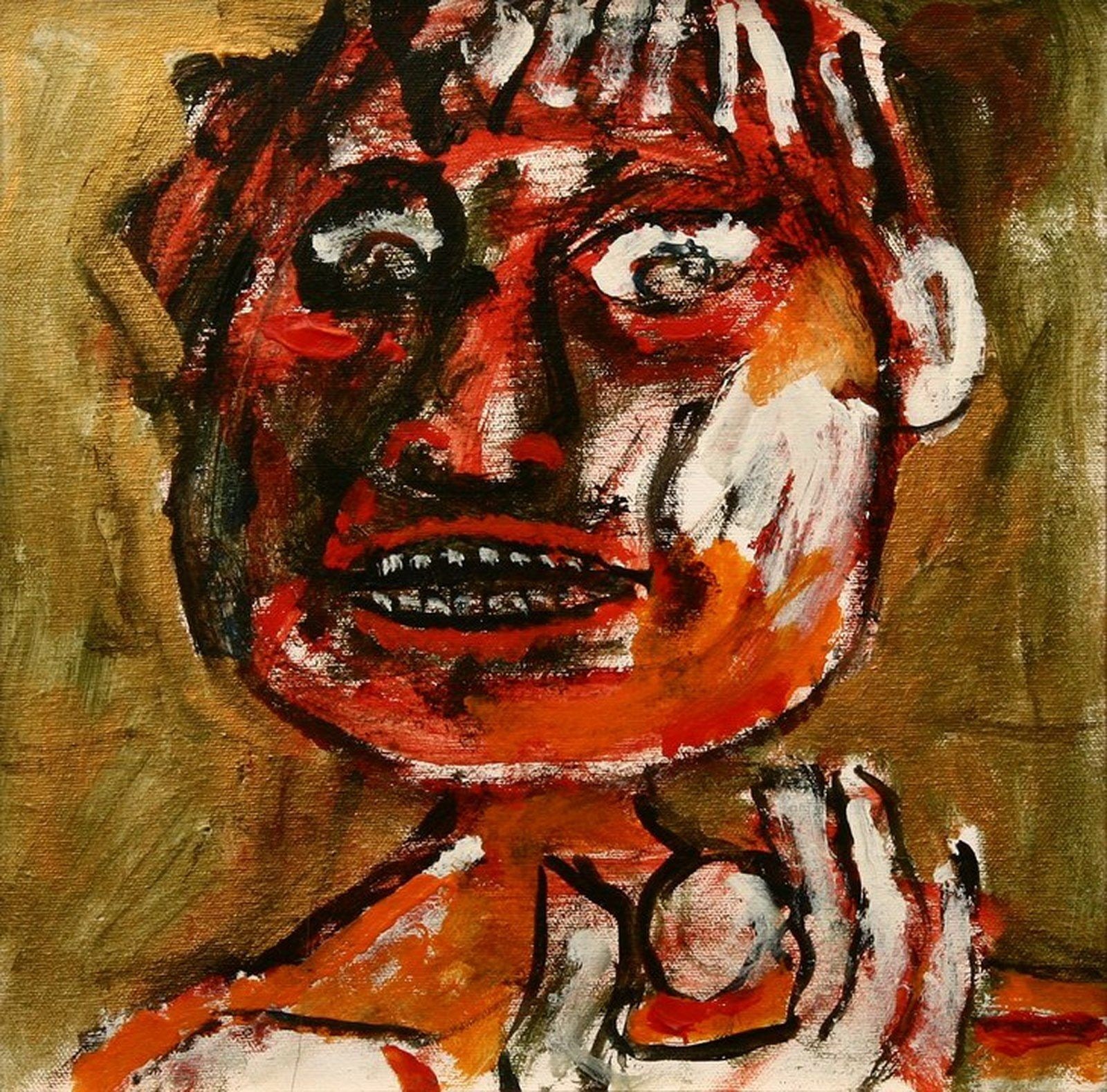 A painting of a child's face with red paint on it.