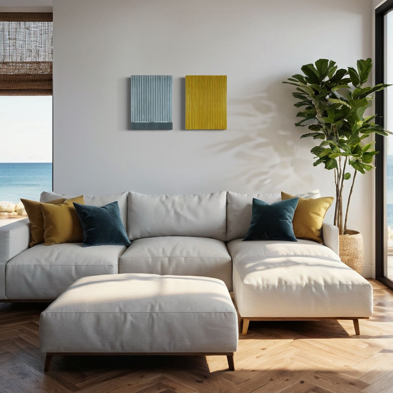 Two pieces of yellow and blue paper on a white surface.