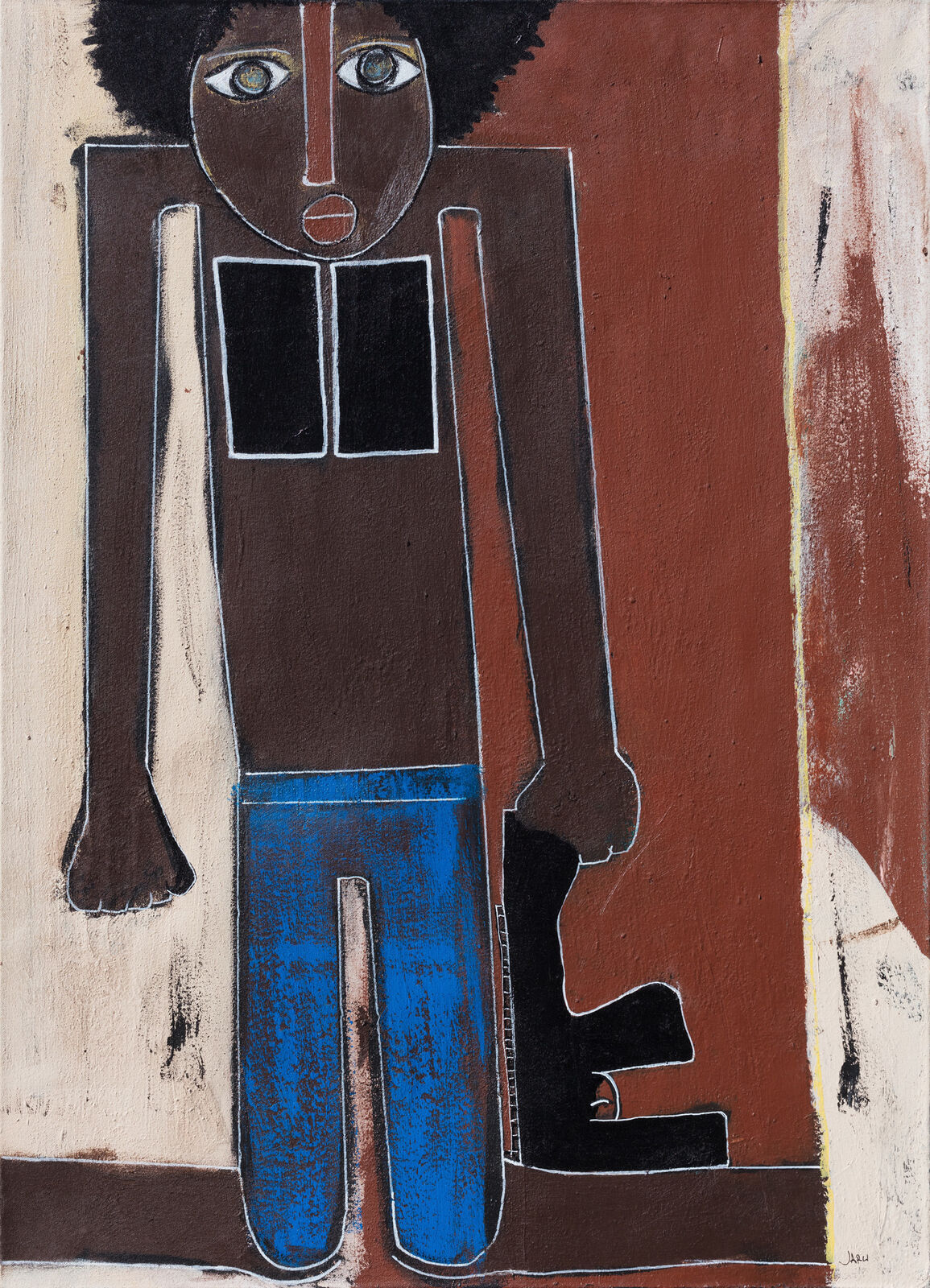 A painting of a man with a guitar in his hand.