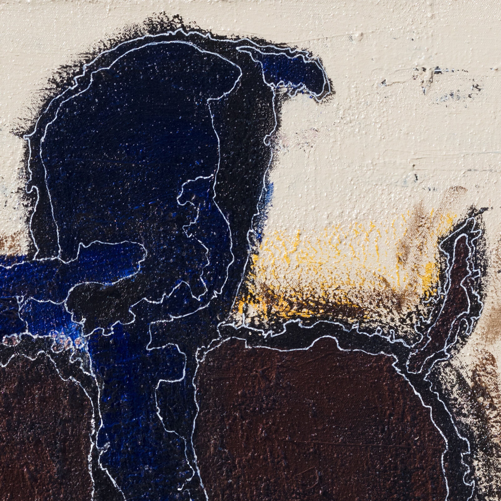 A painting of a man riding a horse on a yellow background.