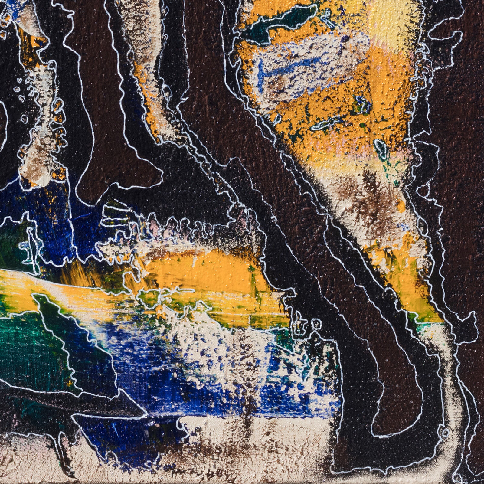 A painting of a man riding a horse on a yellow background.