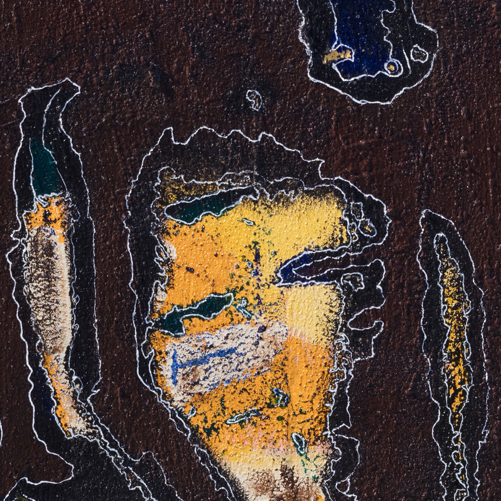 A painting of a man riding a horse on a yellow background.