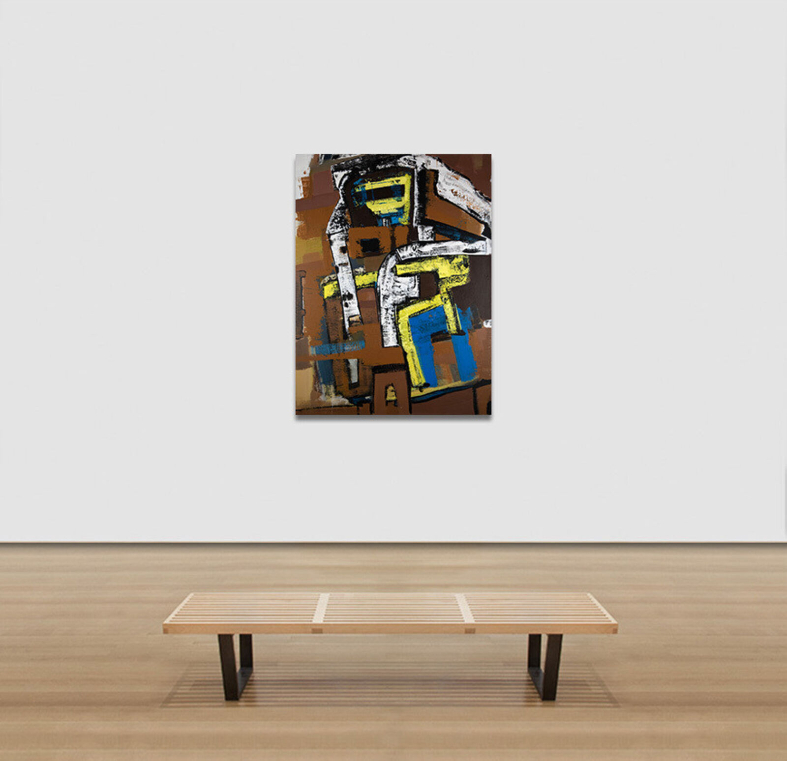 A painting of a man sitting on a chair in front of a building.