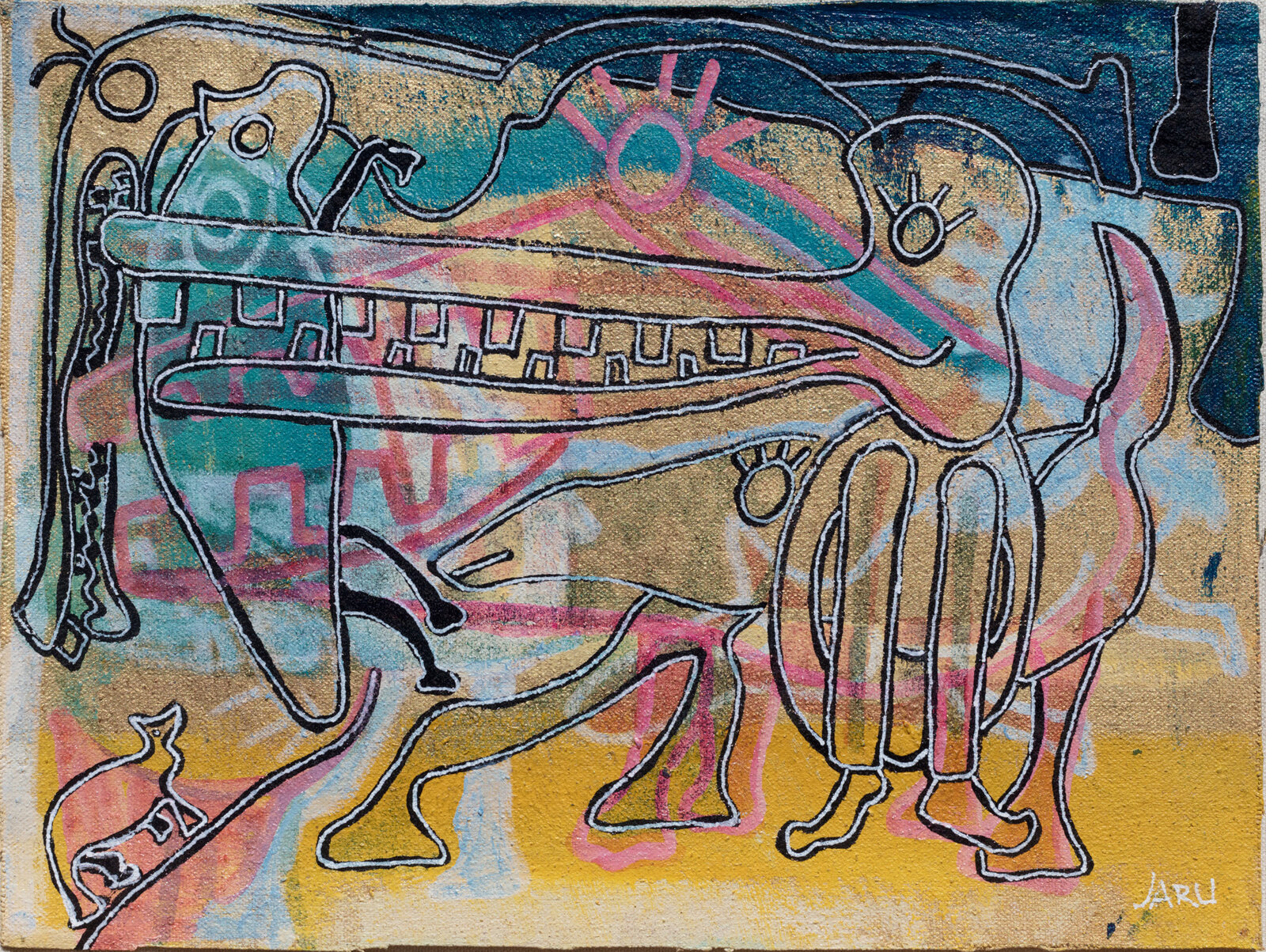 A painting of a horse drawn carriage with a dog and a cat.