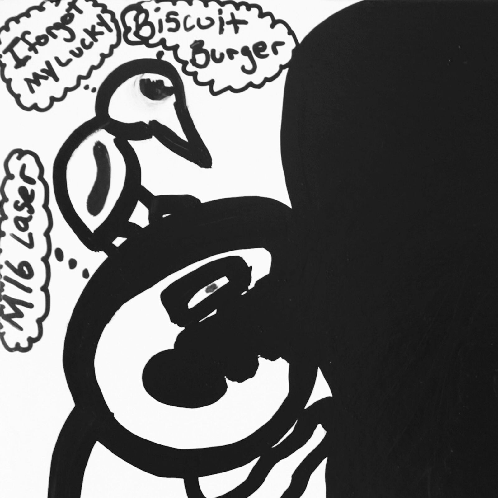 Artwork by Parris Jaru, Apple Head and Germ, Made of Oil Marker and Acrylic on Foam Core 