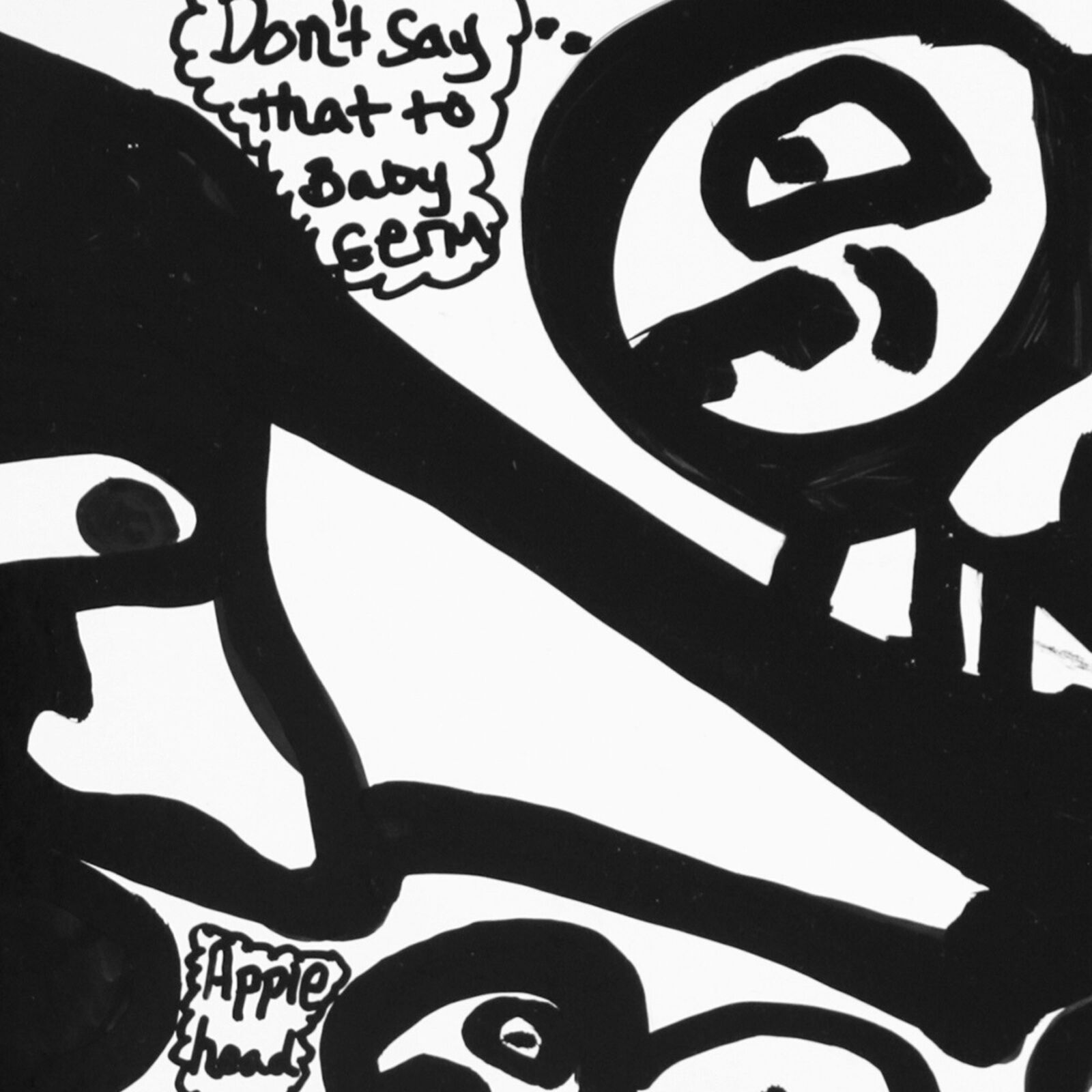 Artwork by Parris Jaru, Apple Head and Germ, Made of Oil Marker and Acrylic on Foam Core 