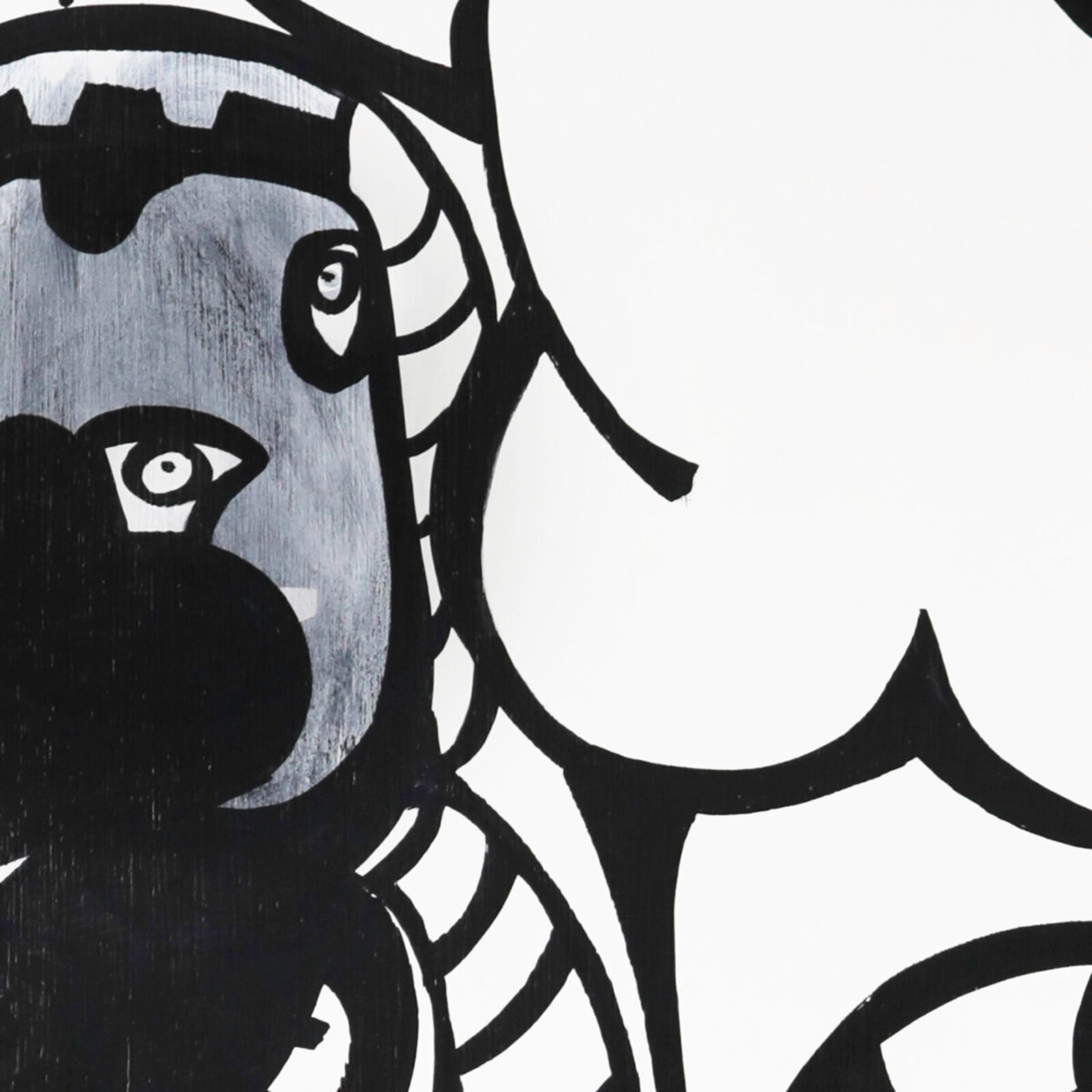 A black and white drawing of a woman's face with a thought bubble above her head.