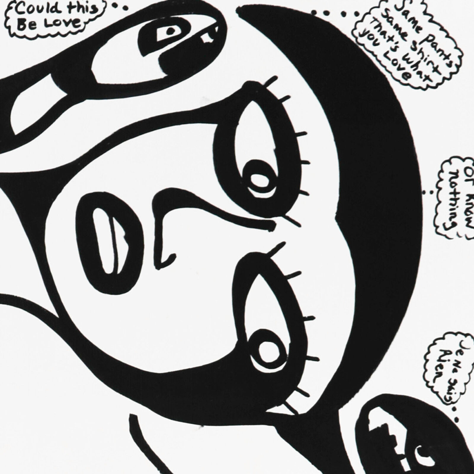 A black and white drawing of a woman's face with a thought bubble above her head.