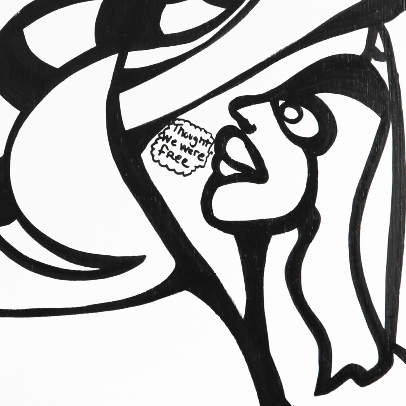 A black and white drawing of a woman's face with a thought bubble above her head.
