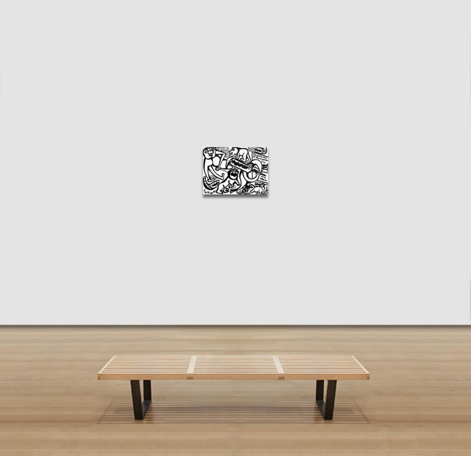 A wooden bench sitting in front of a white wall.