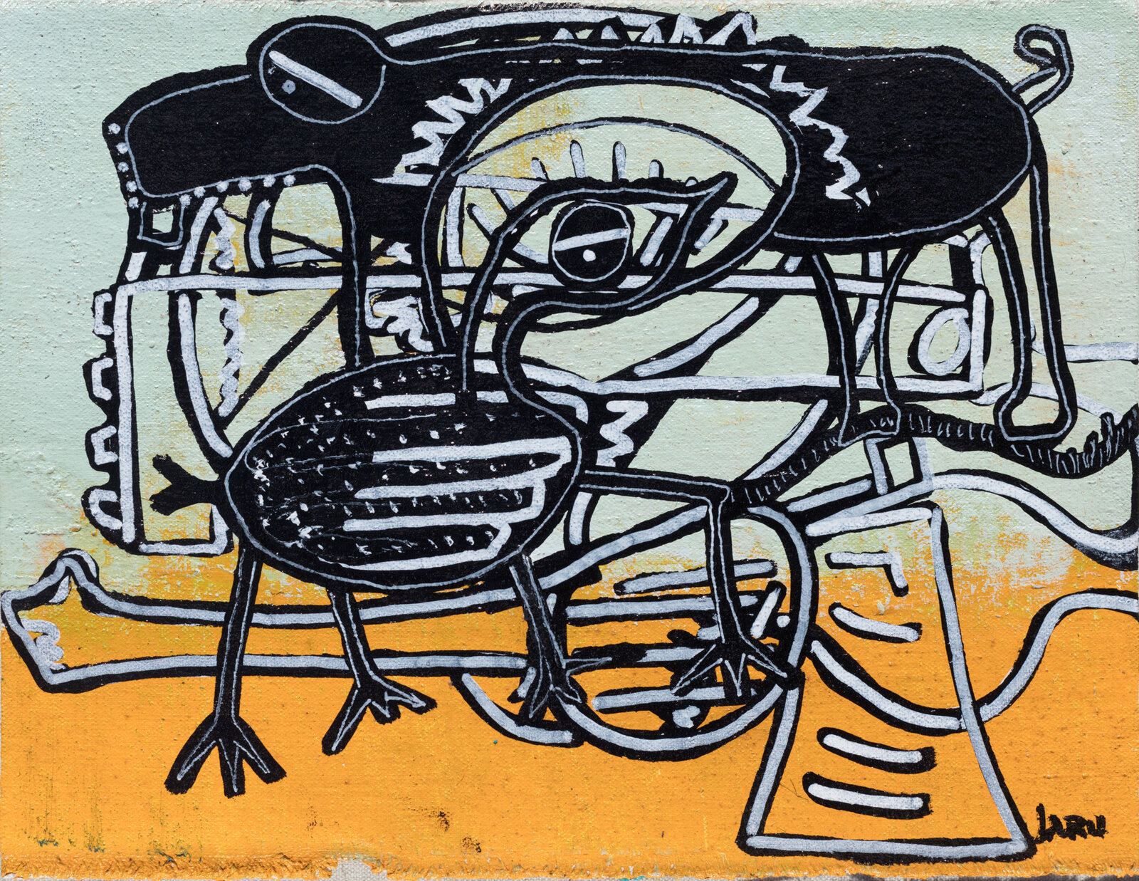 A black and white drawing of a bird sitting on top of a table.