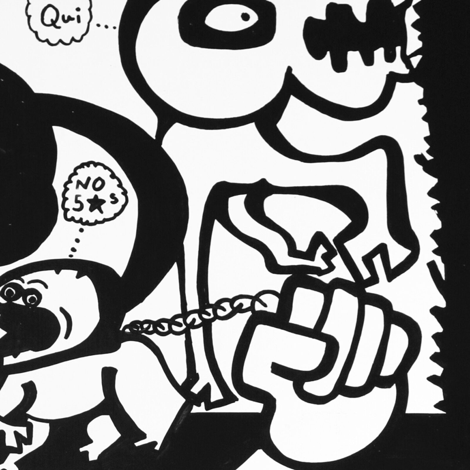 A black and white drawing of a man and a woman.