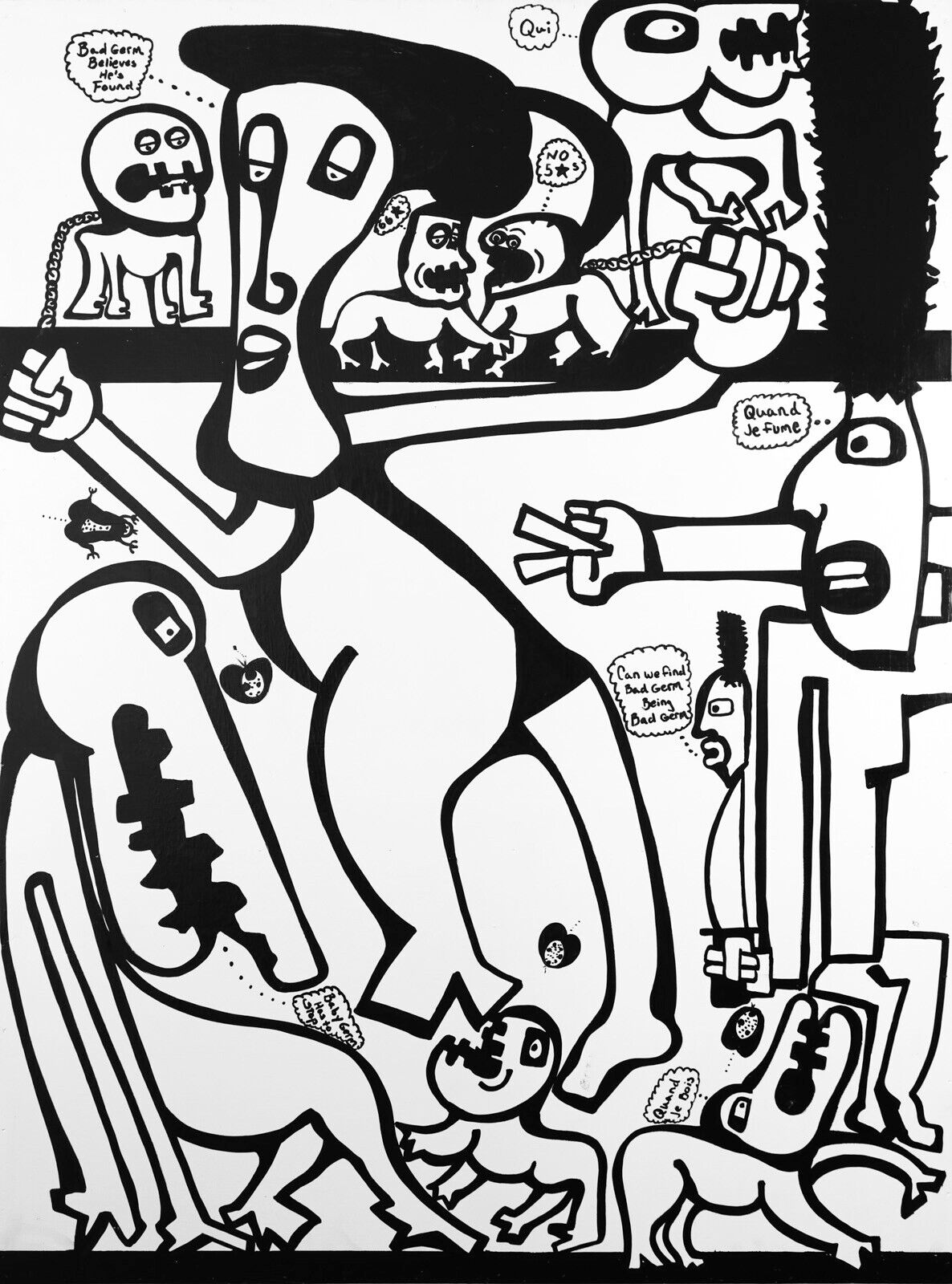 A black and white drawing of a man and a woman.