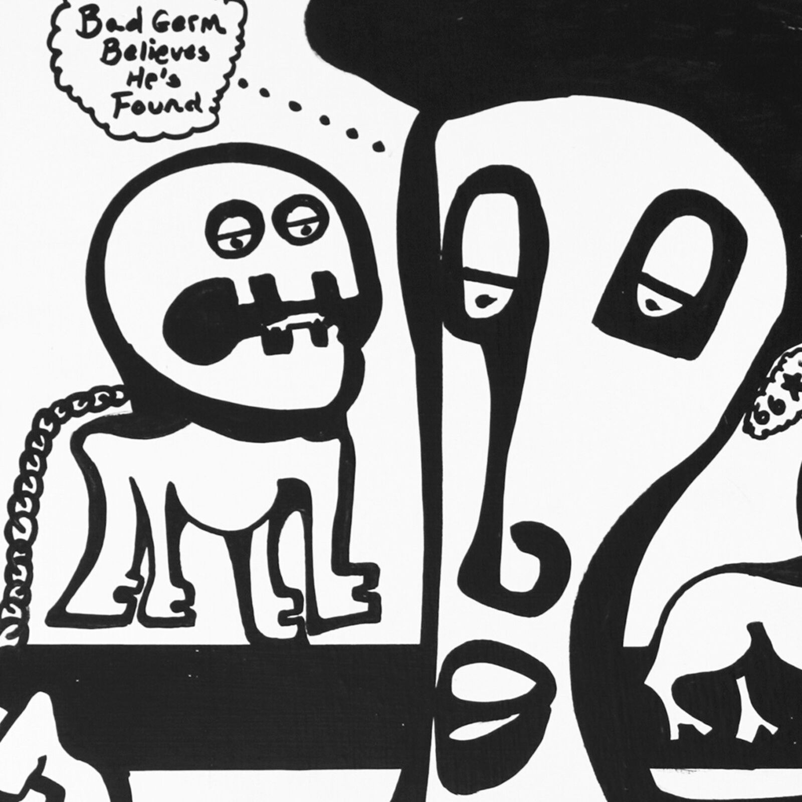 A black and white drawing of a man and a woman.