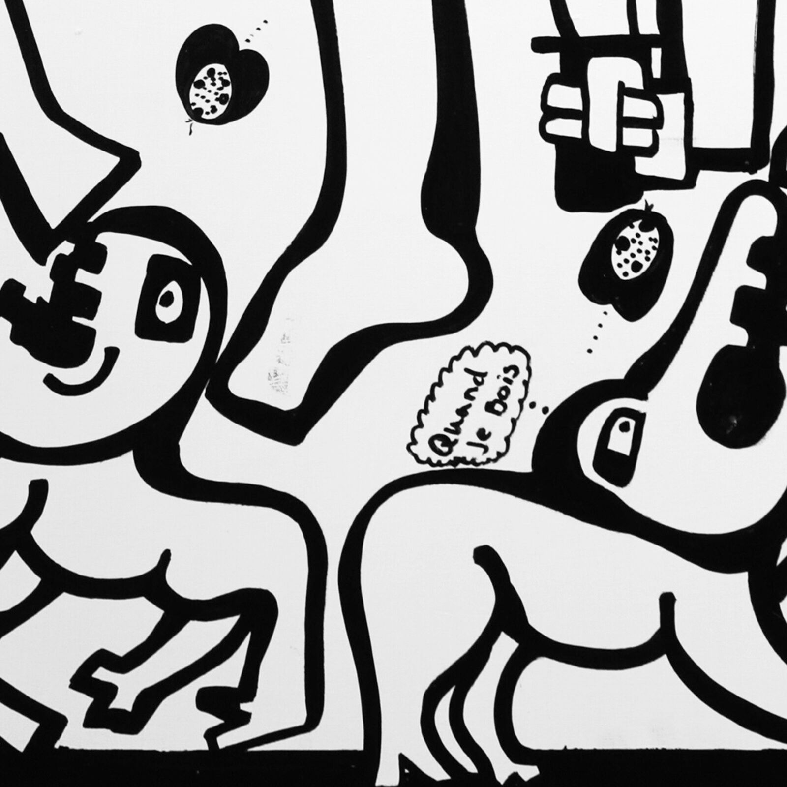 A black and white drawing of a man and a woman.