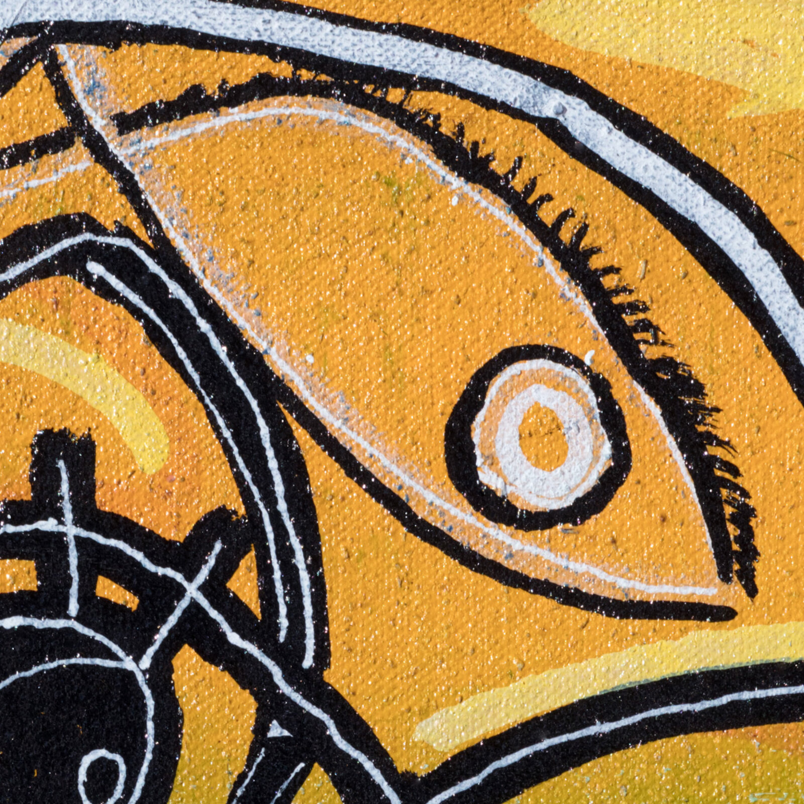 A painting of a woman's face on a yellow background.