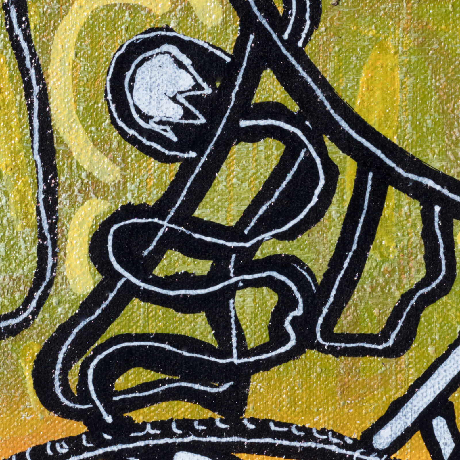 A painting of a woman's face on a yellow background.