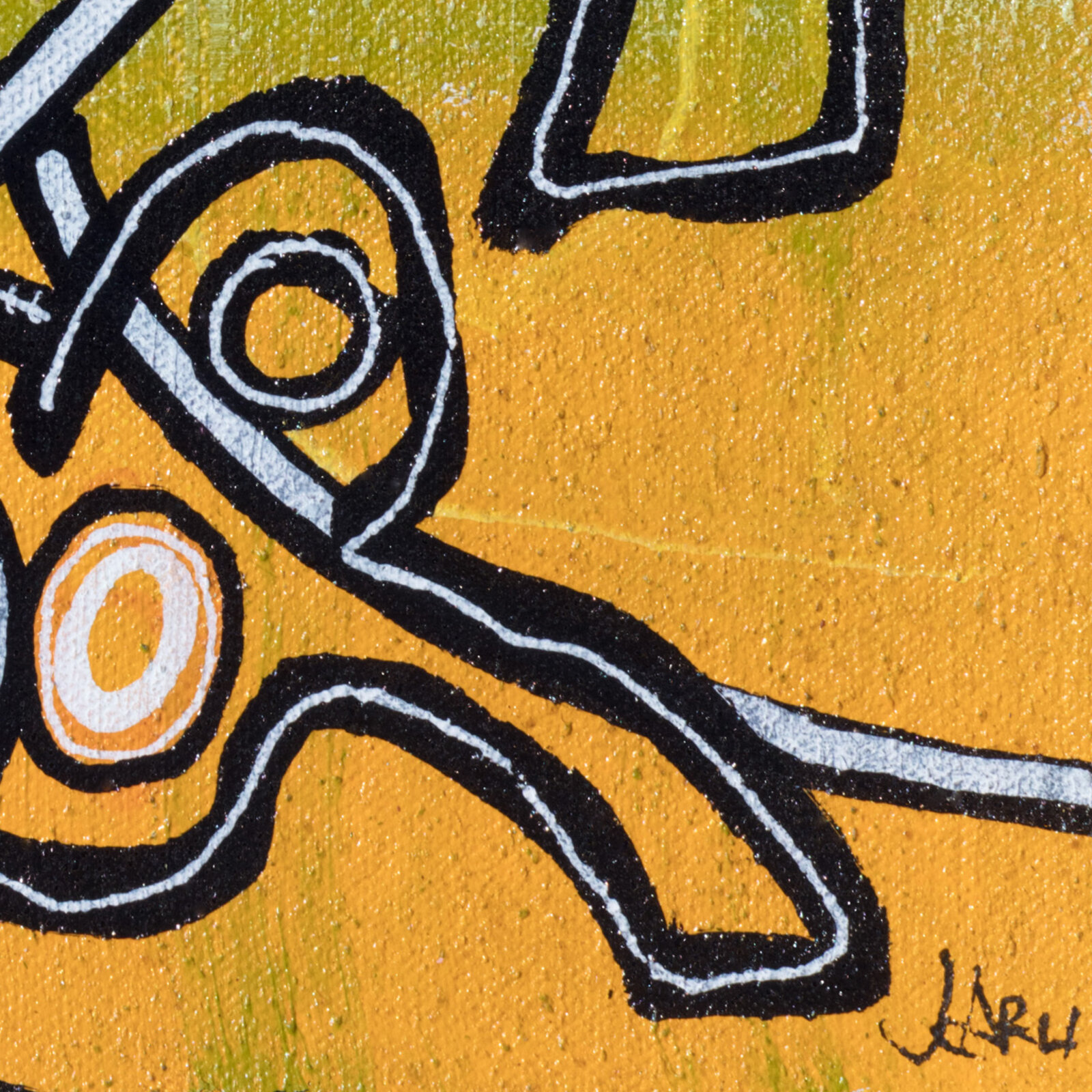 A painting of a woman's face on a yellow background.