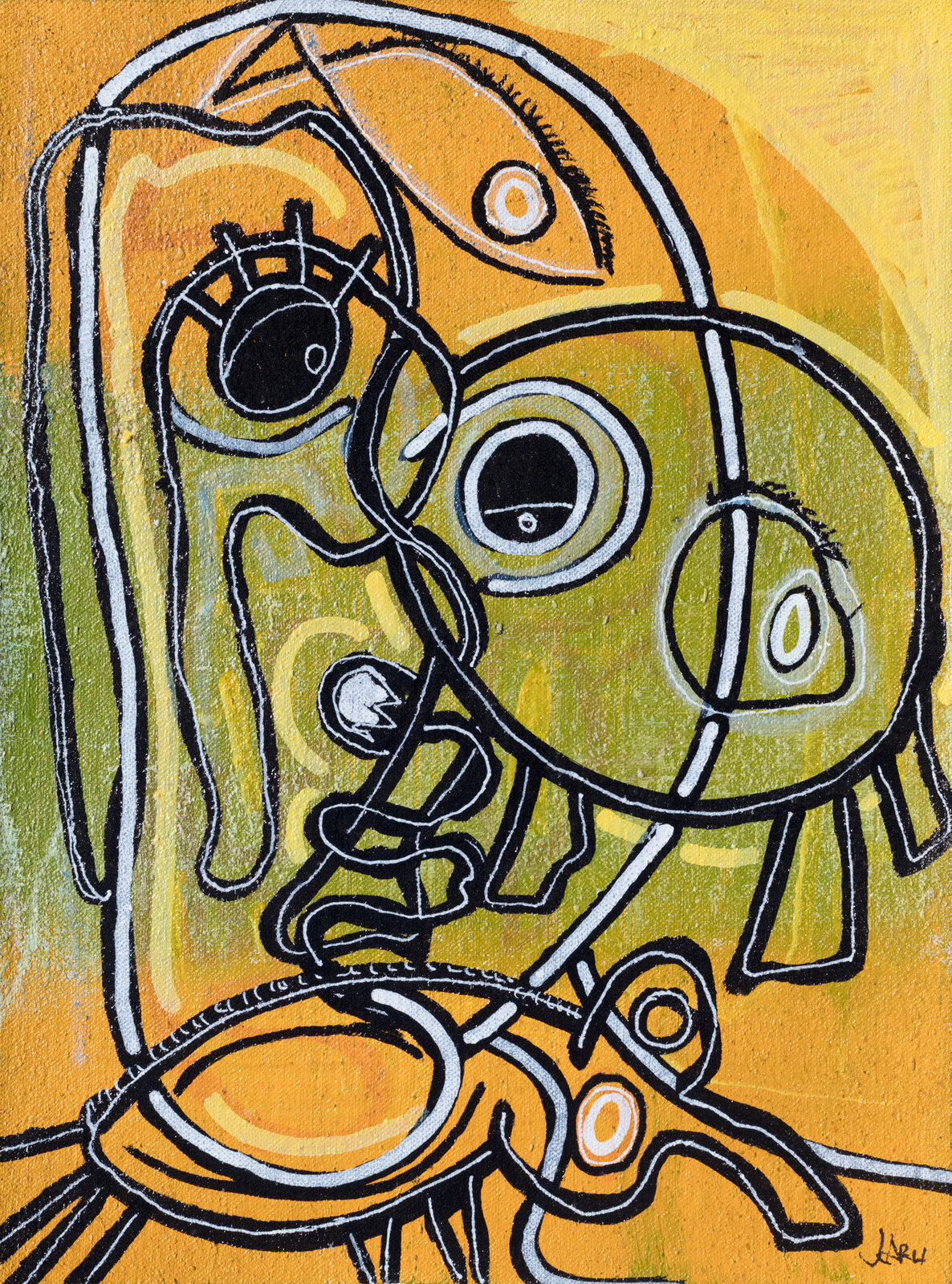 A painting of a woman's face on a yellow background.