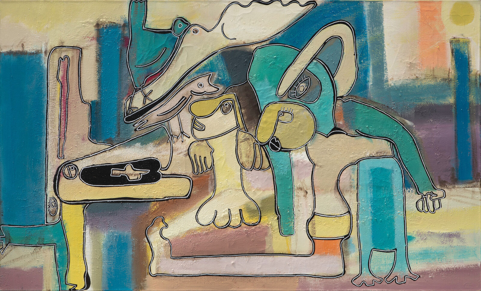 A painting of a dog and a cat sitting on a chair.