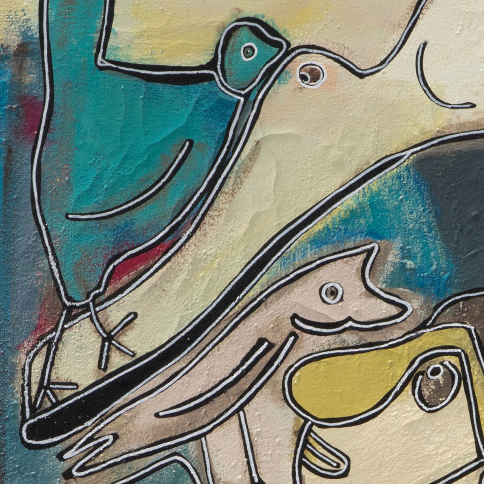 A painting of a dog and a cat sitting on a chair.