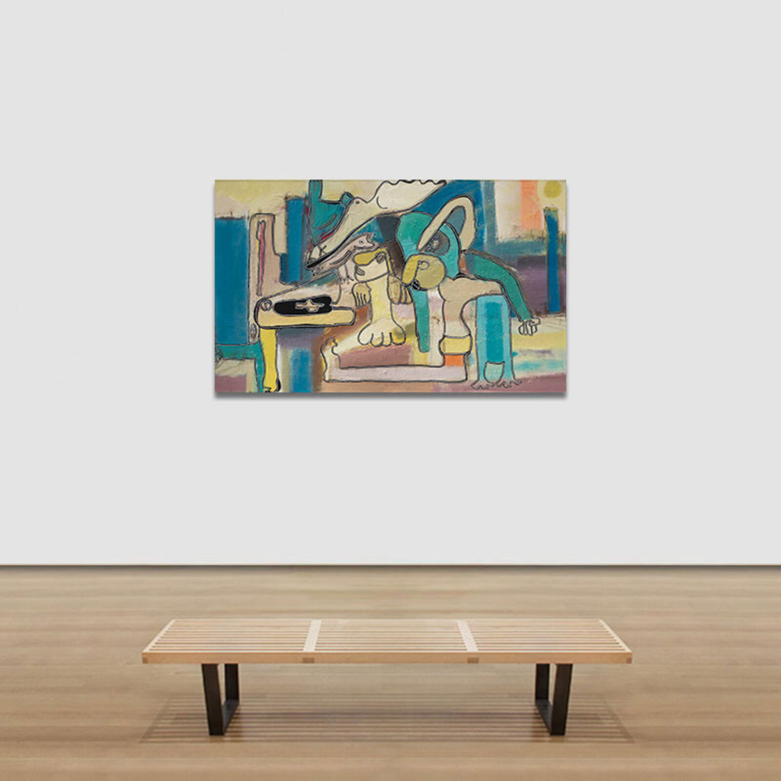 A painting of a dog and a cat sitting on a chair.