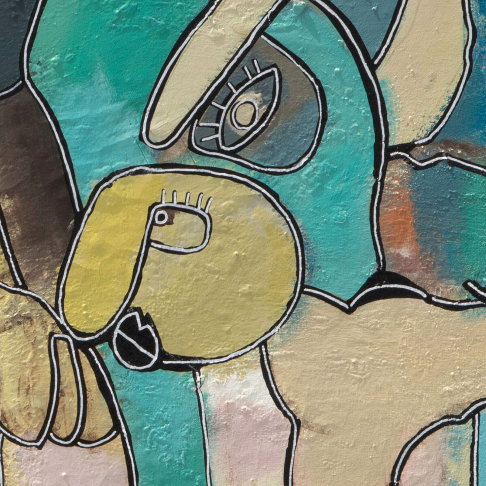 A painting of a dog and a cat sitting on a chair.