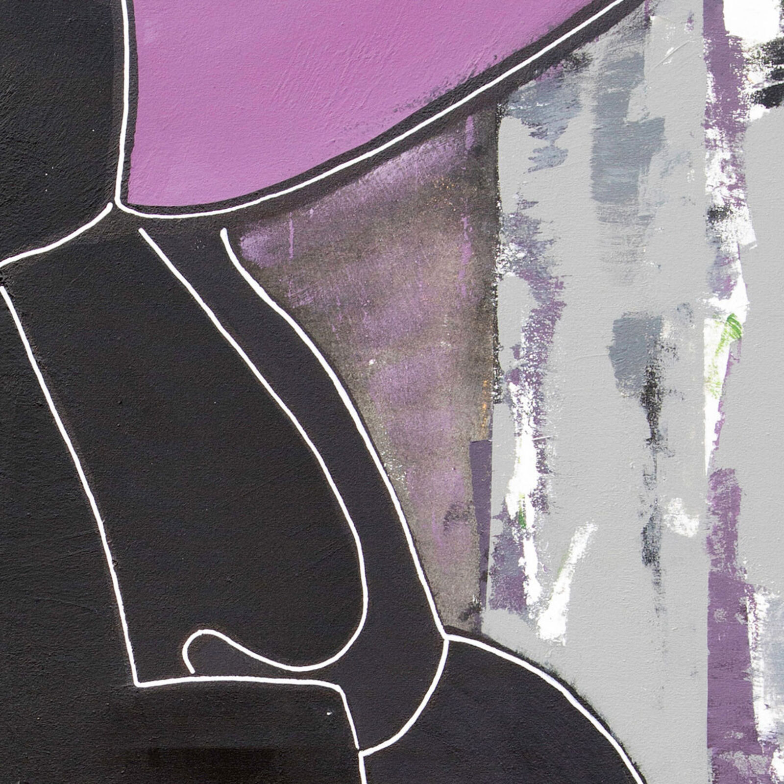 A painting of a woman kneeling down with a green and purple hat.