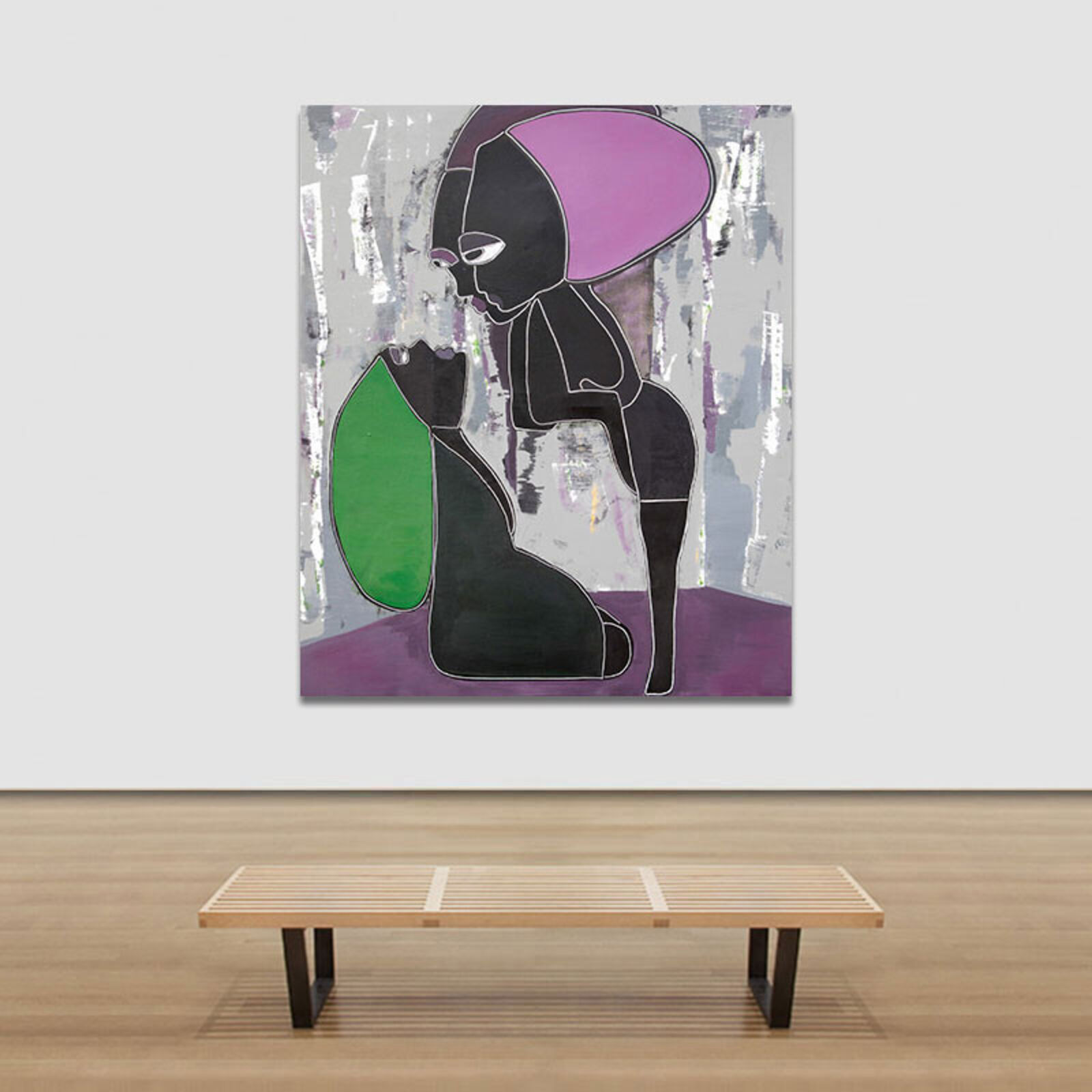 A painting of a woman kneeling down with a green and purple hat.