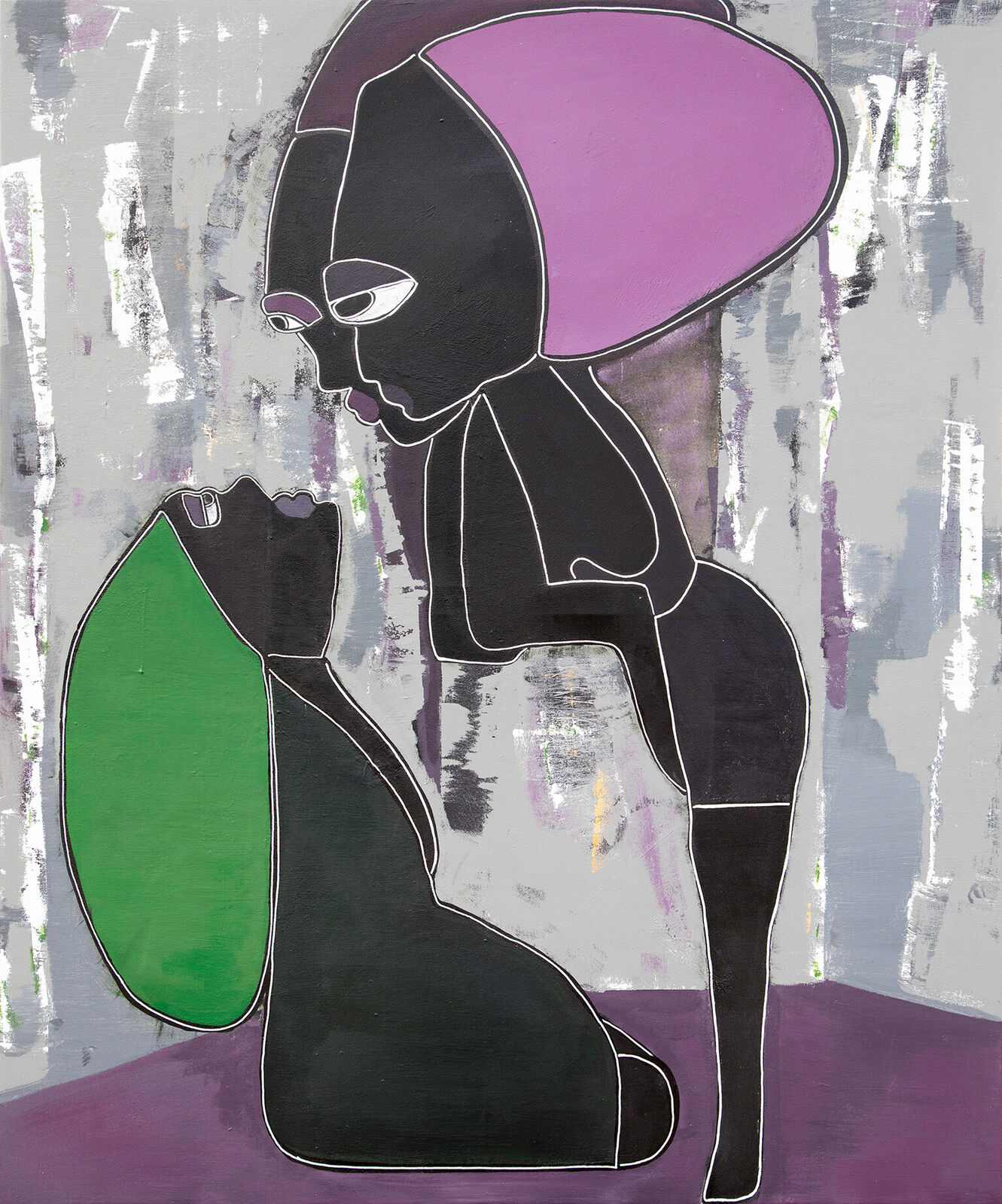 A painting of a woman kneeling down with a green and purple hat.