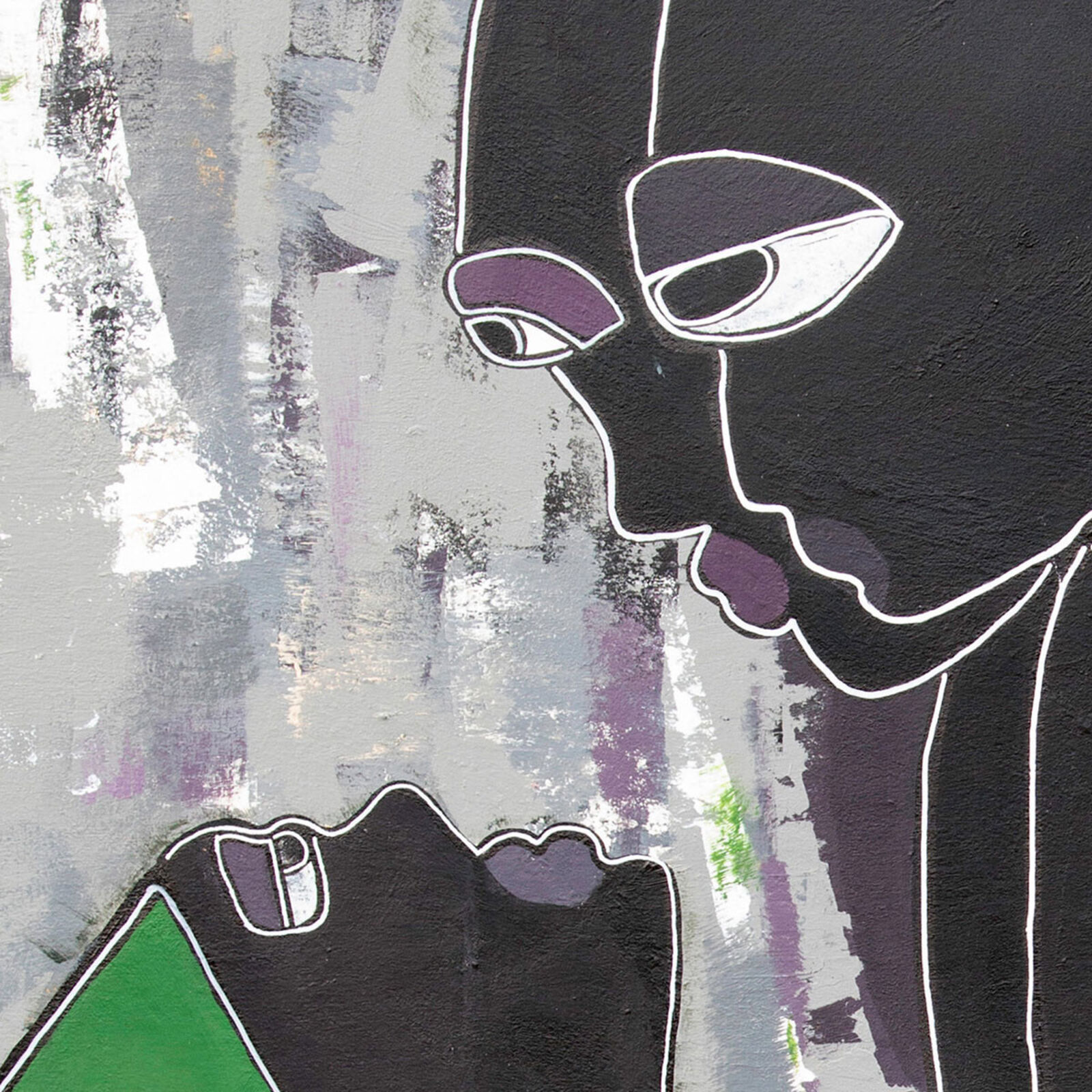 A painting of a woman kneeling down with a green and purple hat.