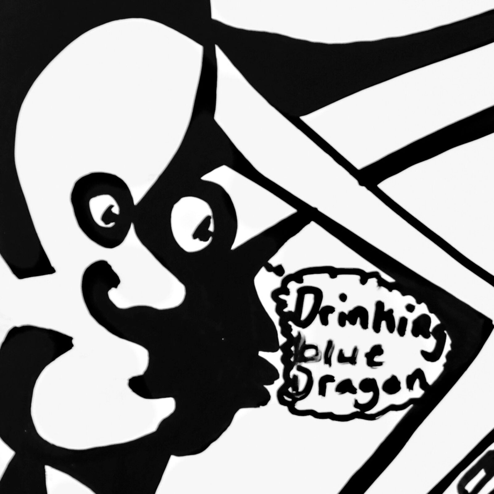 A black and white drawing of a man playing a guitar.