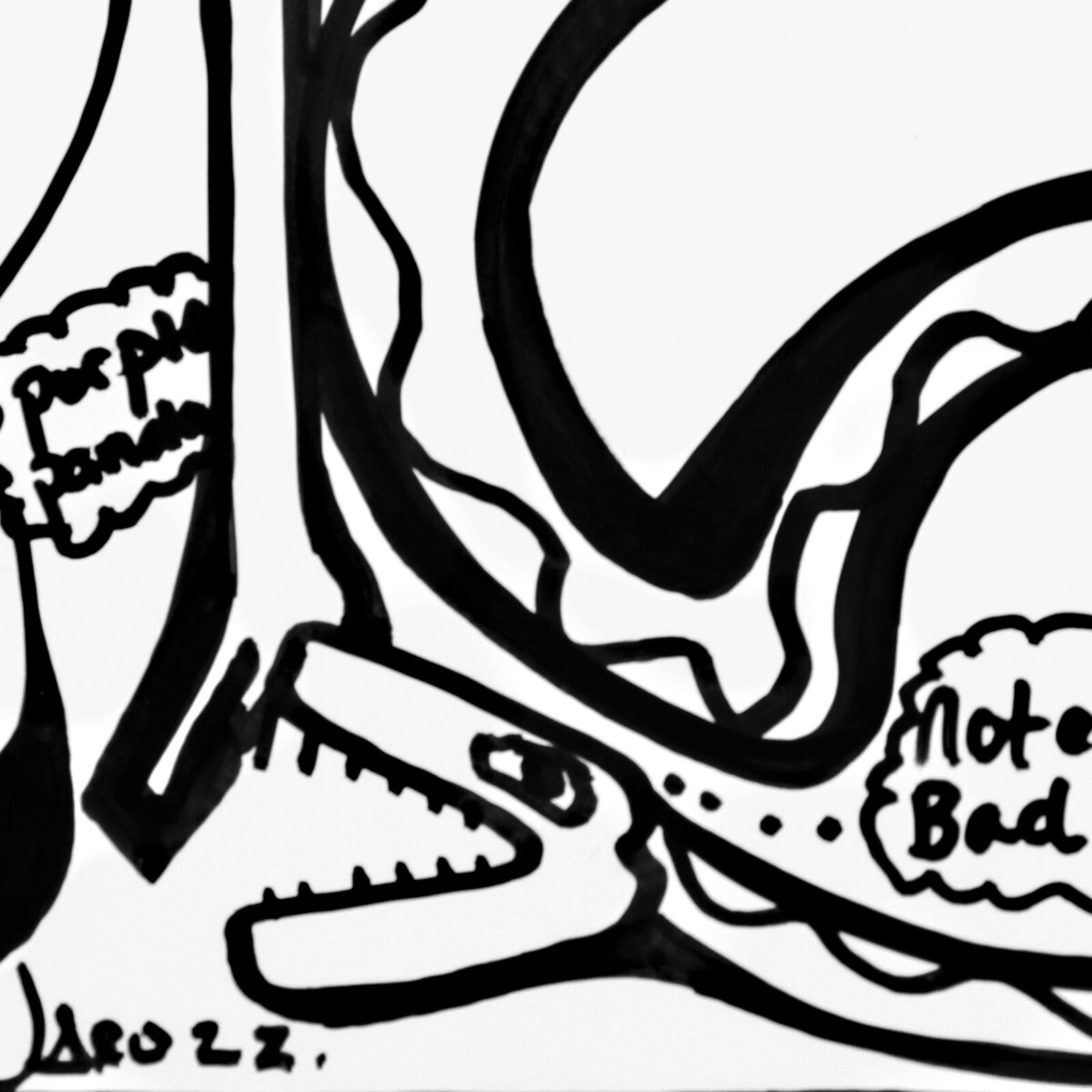 A black and white drawing of a man playing a guitar.