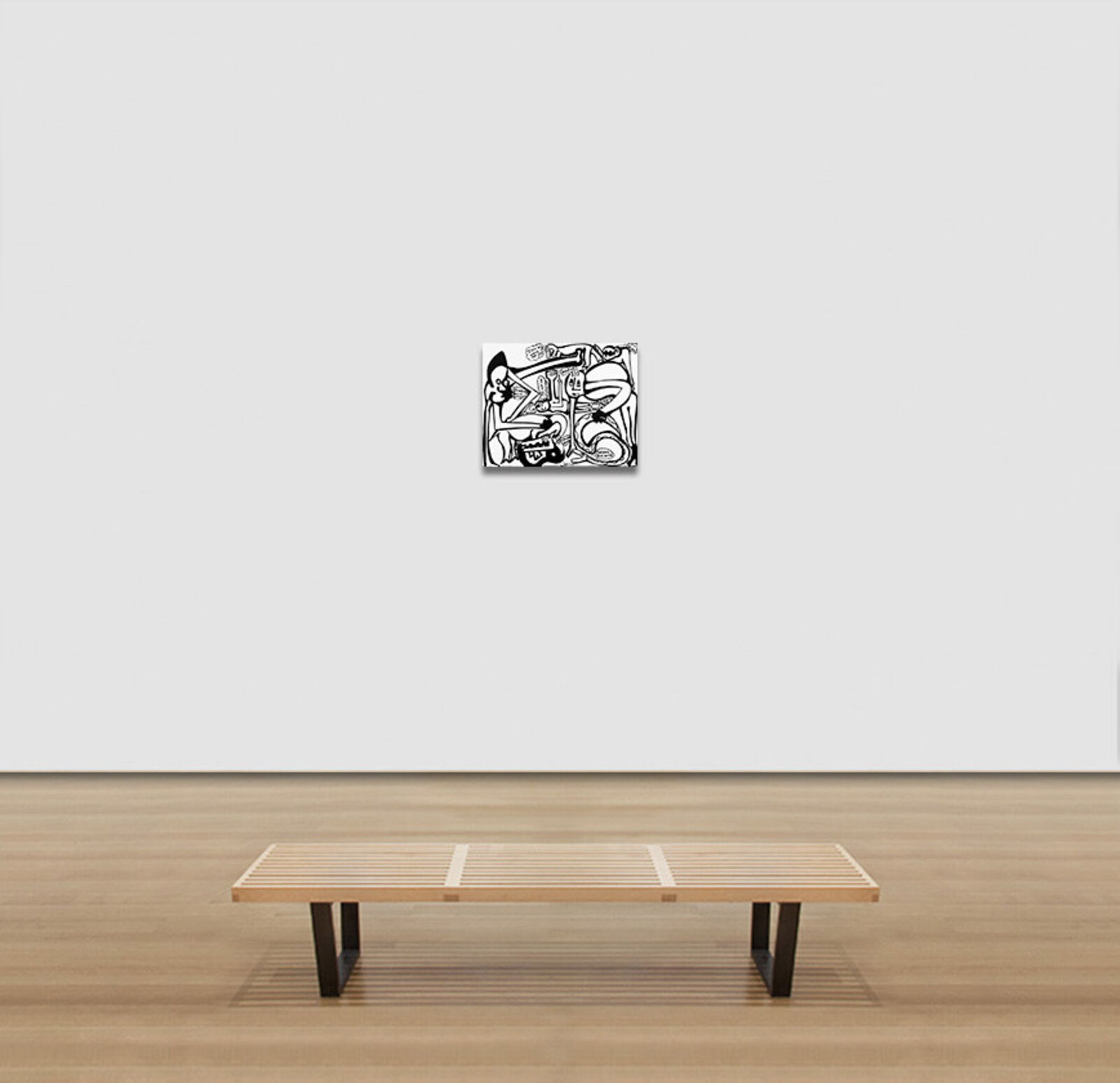 A black and white drawing of a man playing a guitar.