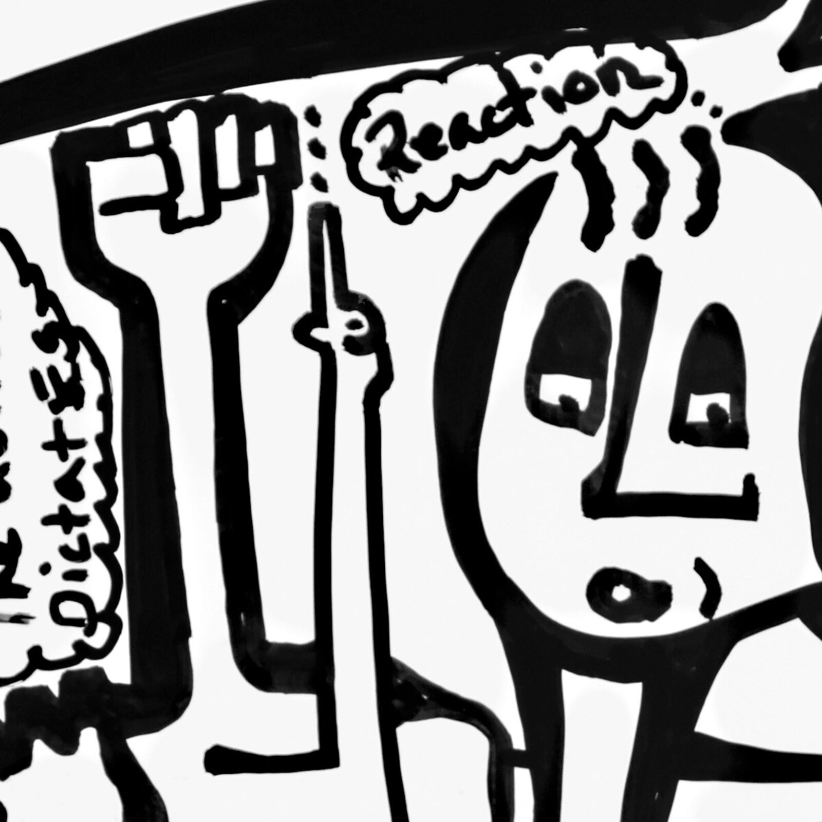 A black and white drawing of a man playing a guitar.