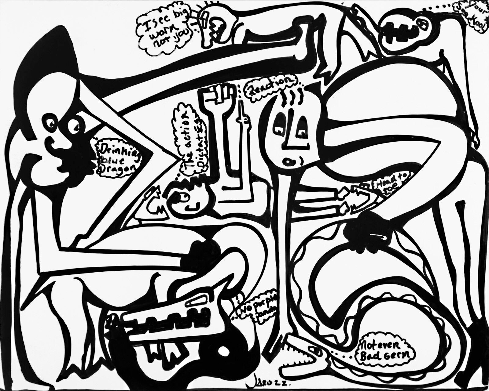 A black and white drawing of a man playing a guitar.