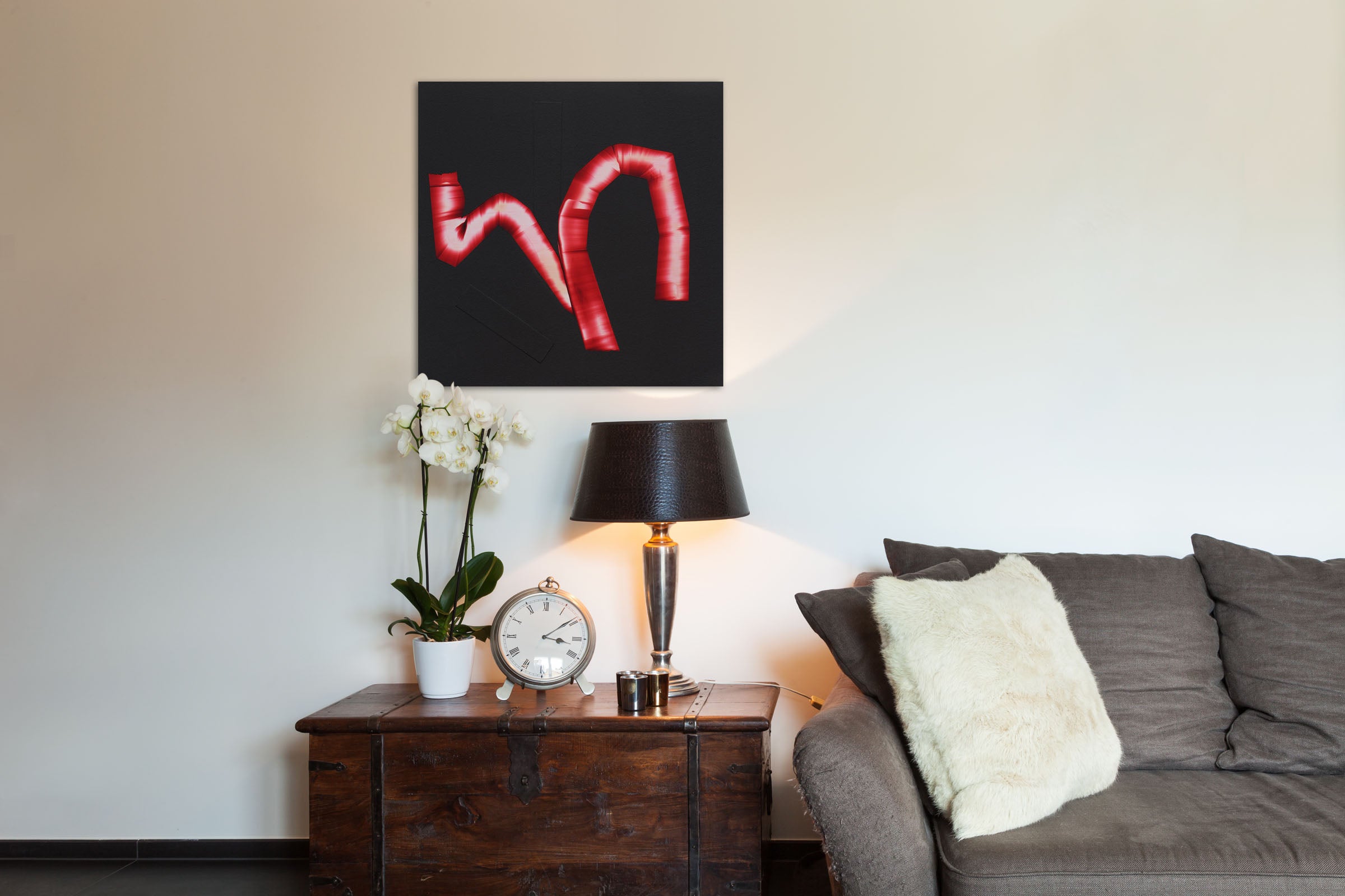 A red and black poster with the letter N on it.
