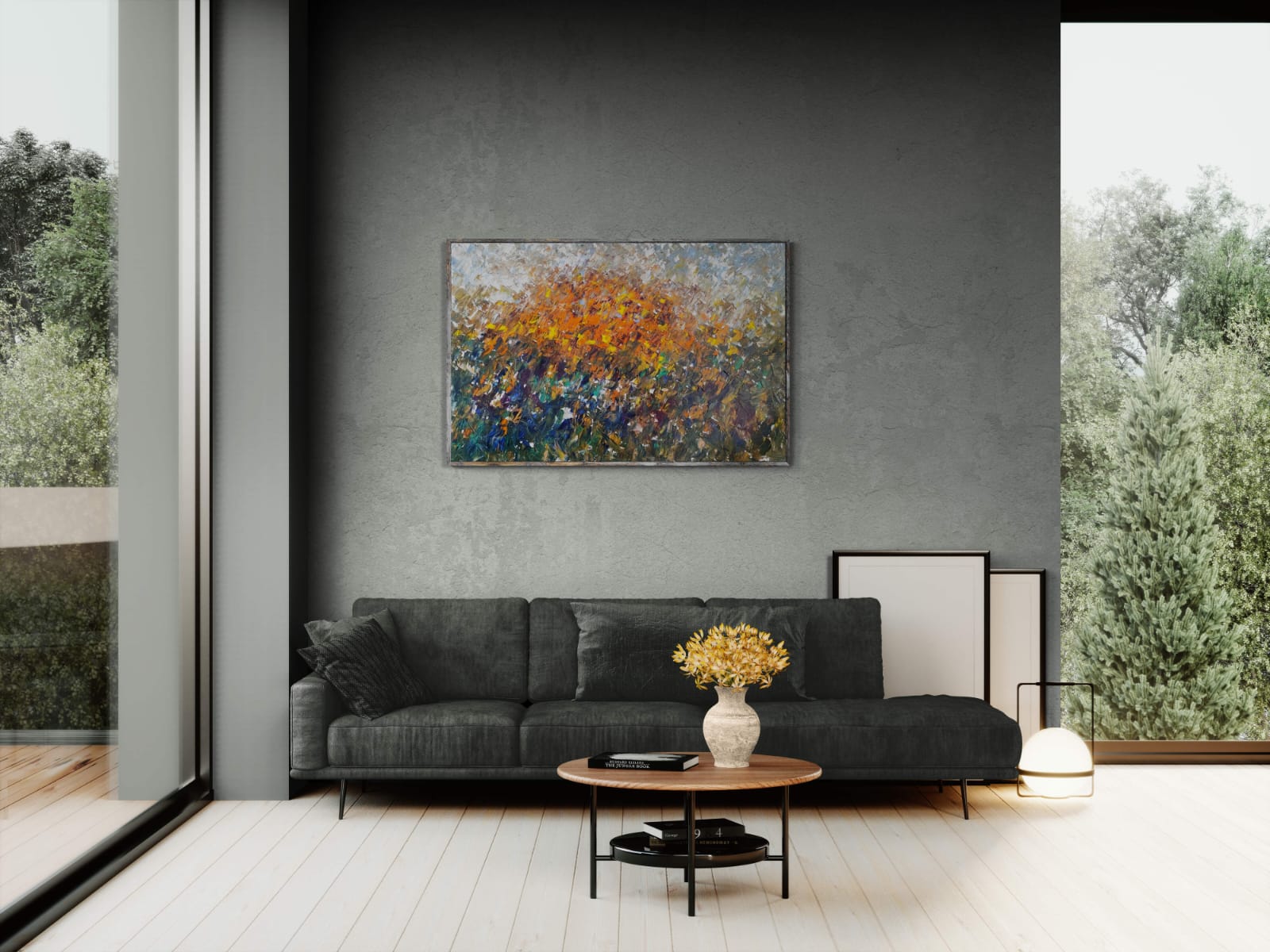 A painting of a field of colorful flowers on a white background.