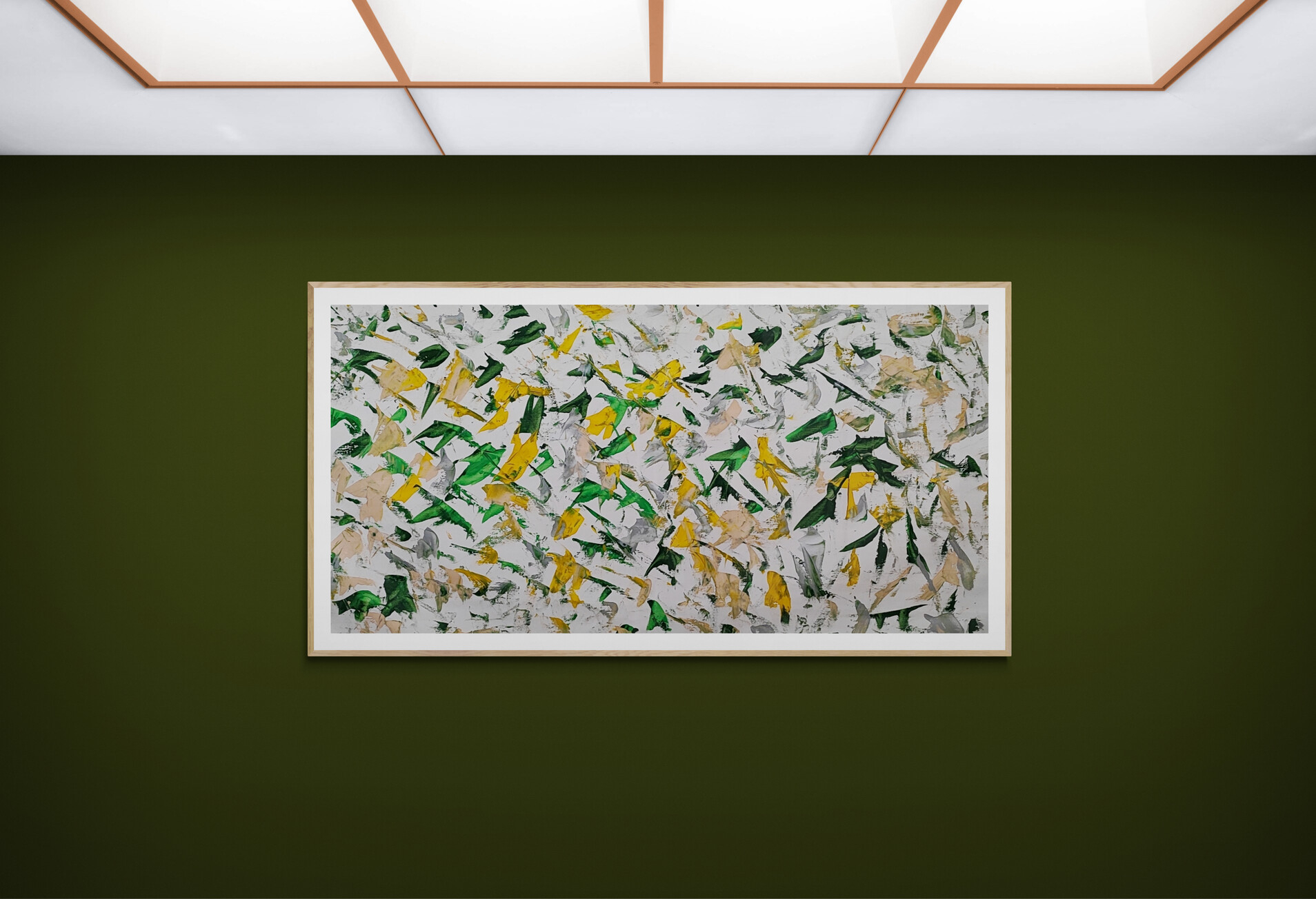 A painting of yellow and green leaves on a white background.