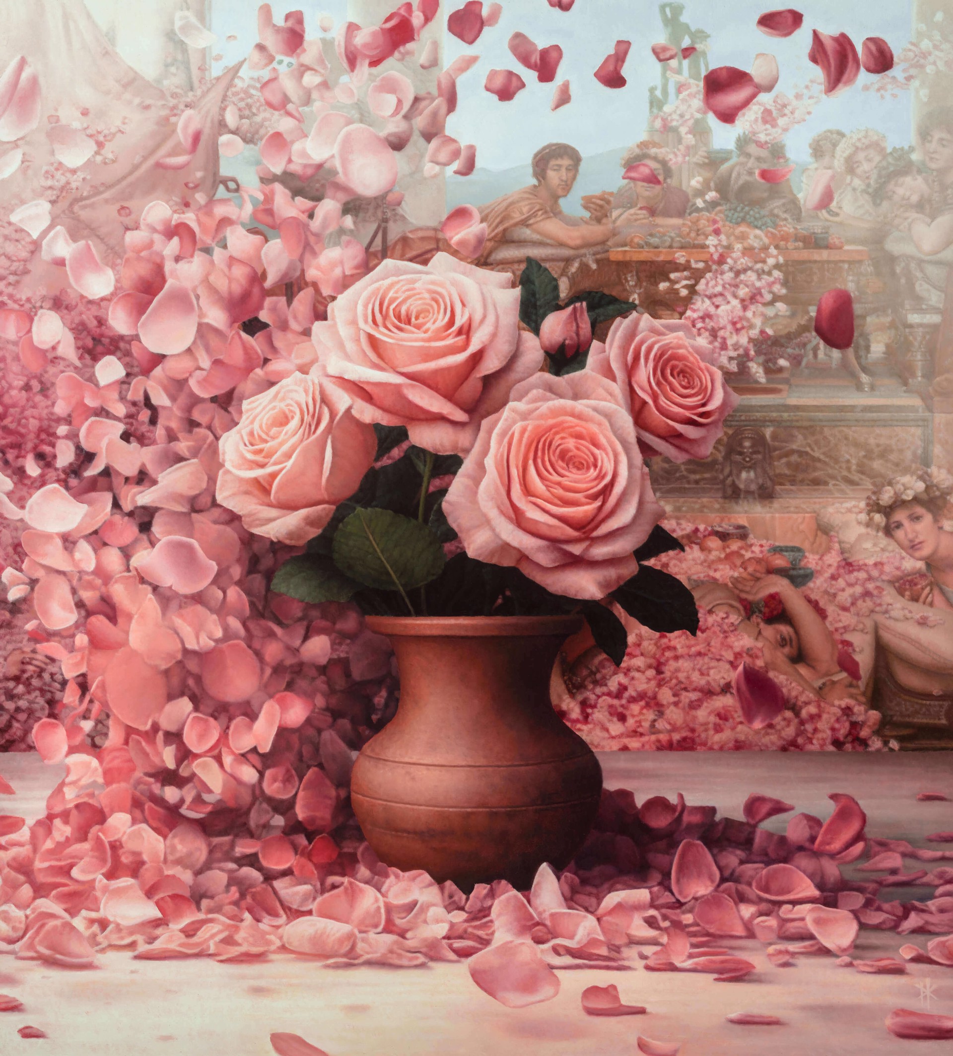 A painting of pink roses in a vase surrounded by petals.