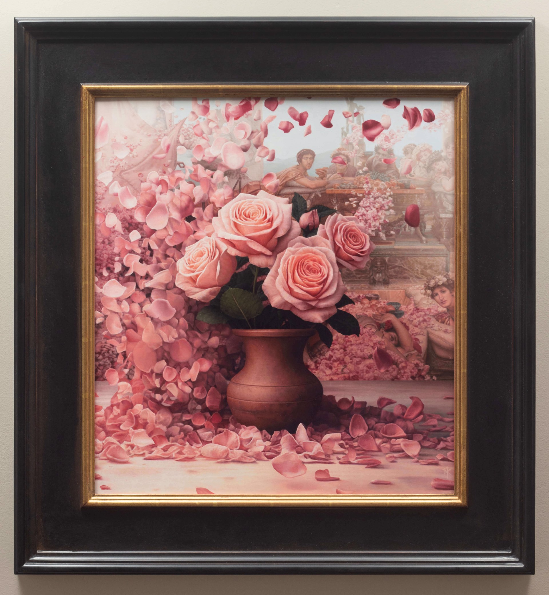 A painting of pink roses in a vase surrounded by petals.