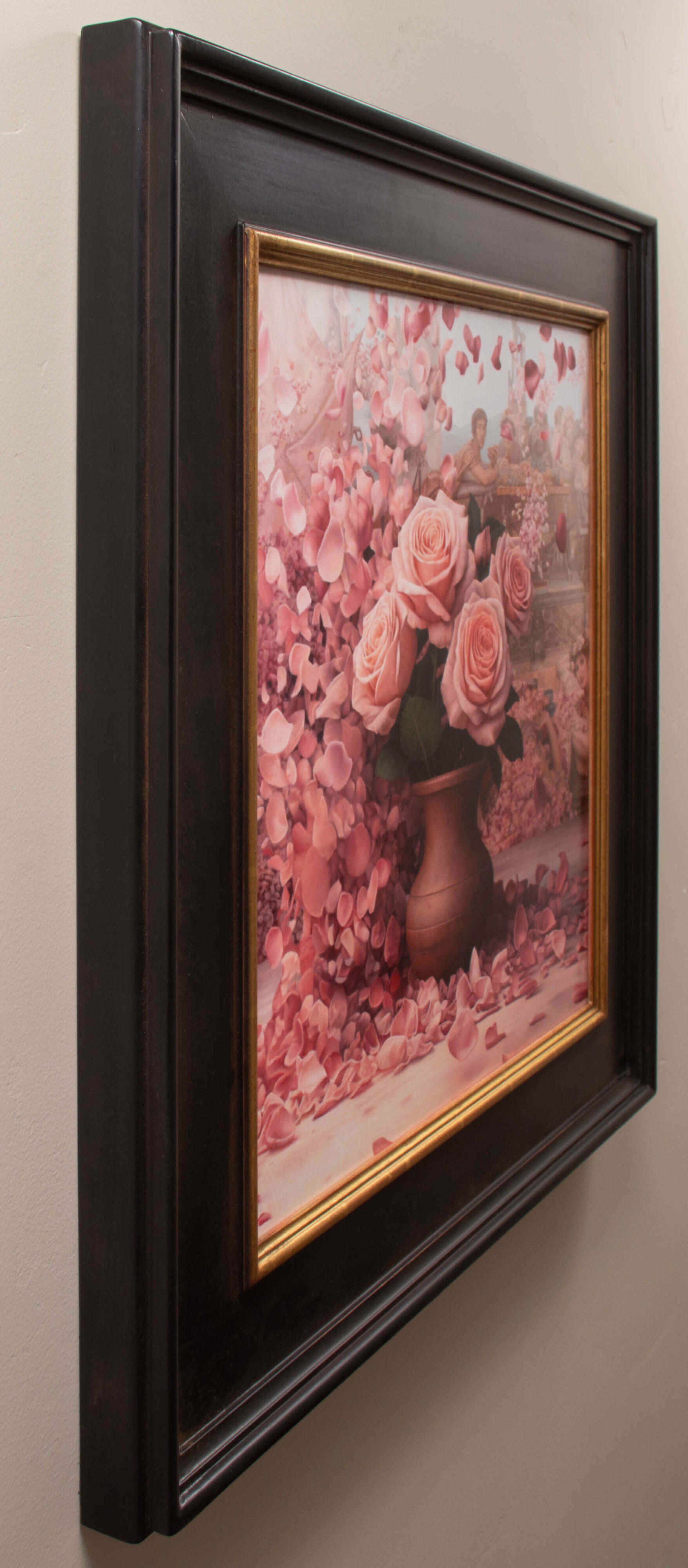 A painting of pink roses in a vase surrounded by petals.