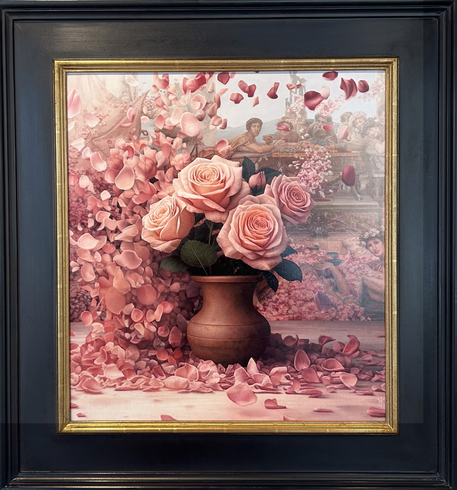 A painting of pink roses in a vase surrounded by petals.