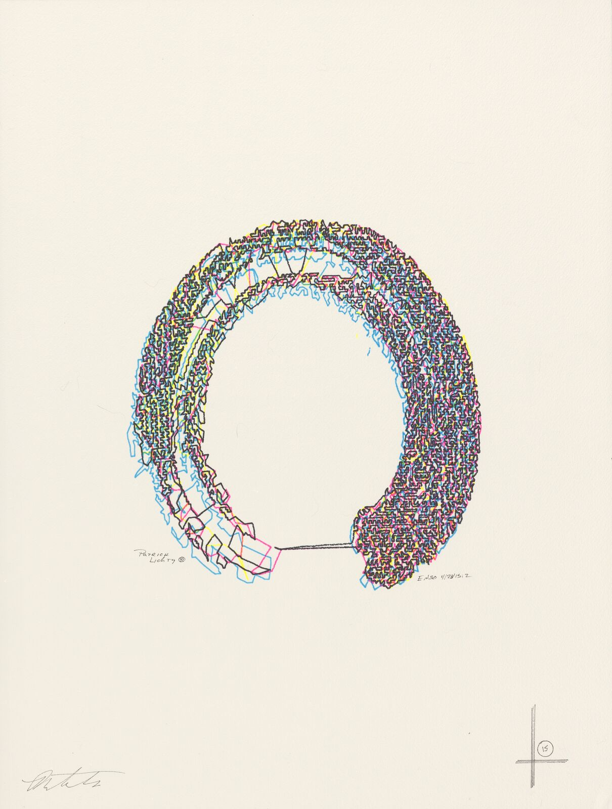 A drawing of a circle made up of many different colored dots.