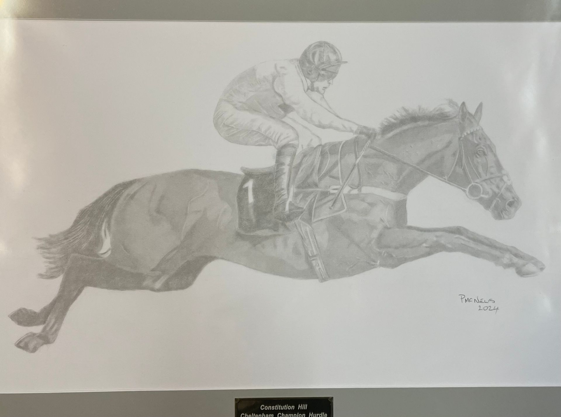 A dynamic pencil sketch of a horse and rider captured mid-gallop.
