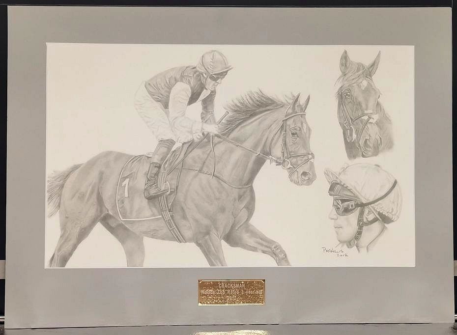 A detailed pencil study of a jockey riding a horse, accompanied by close-up portraits of the horse's head and the rider's helmeted face.