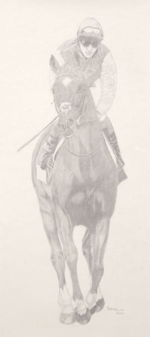 A monochromatic pencil sketch of a jockey riding a horse in motion.