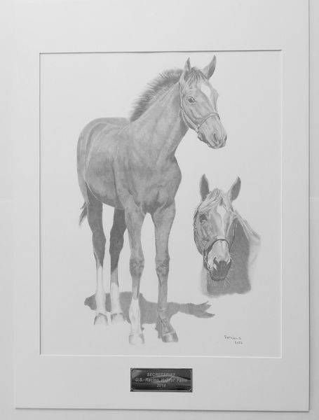 A detailed pencil study of two horses, one full-body and one headshot.