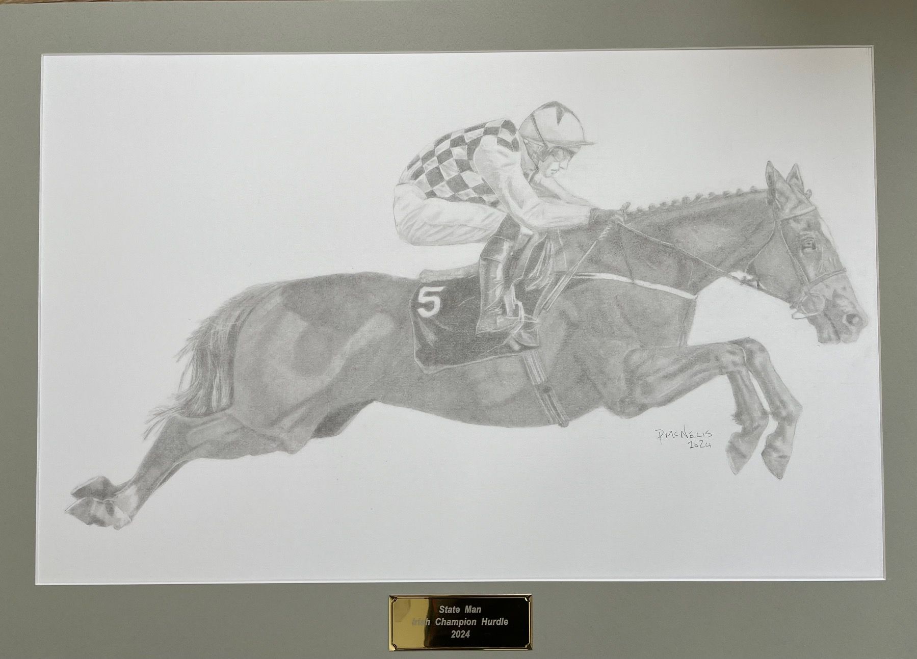 A dynamic pencil sketch of a horse and rider in mid-air during a race.